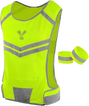 Running Reflective Vest with Inside Pocket and 2 Bands, High Visibility Reflective Running Gear Safety Vest Straps for Men Women Kids for Night Running Walking Cycling