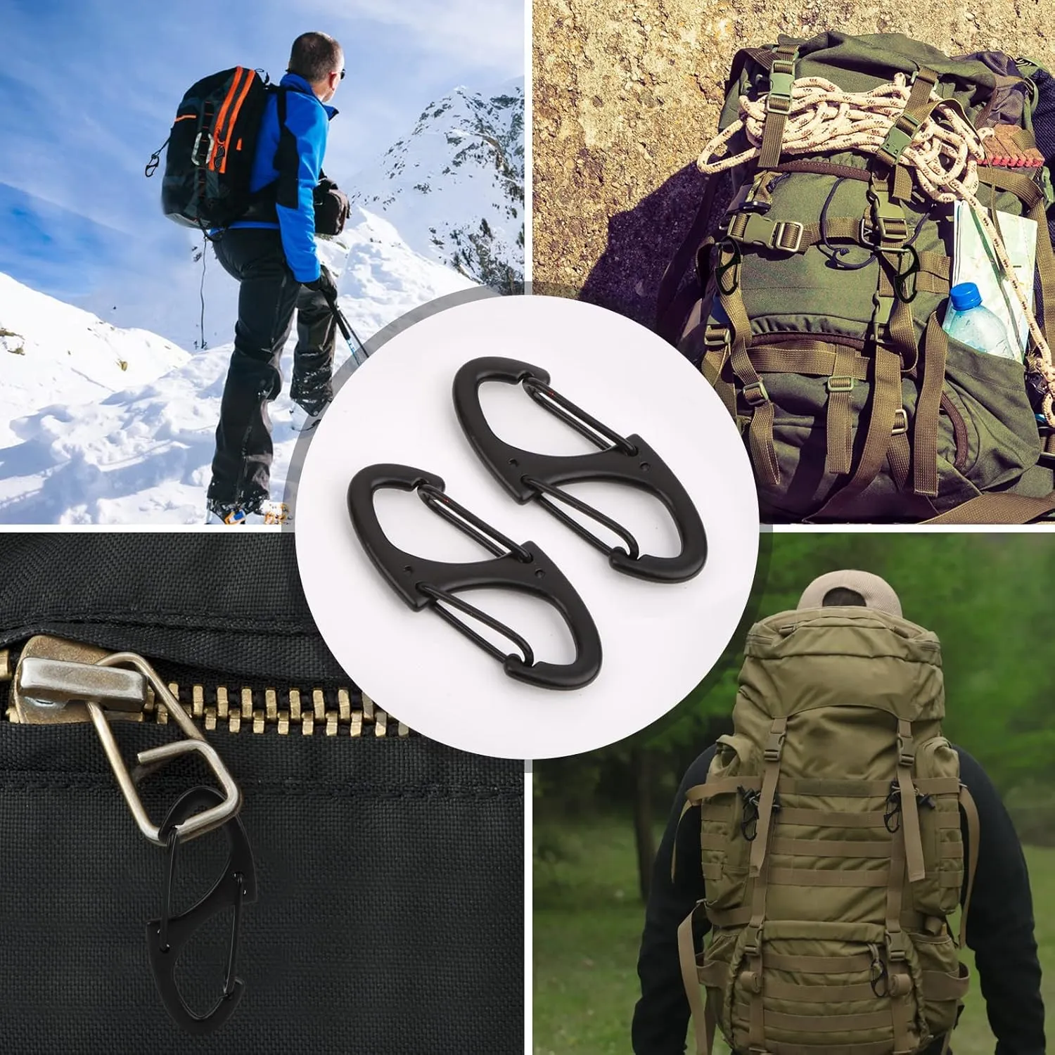 S Shaped Double Carabiner Keychain 1.6 Inch Dual Gate Binder Carabiner Ideal for Camping Traveling(Black, Silver,Dark Grey)