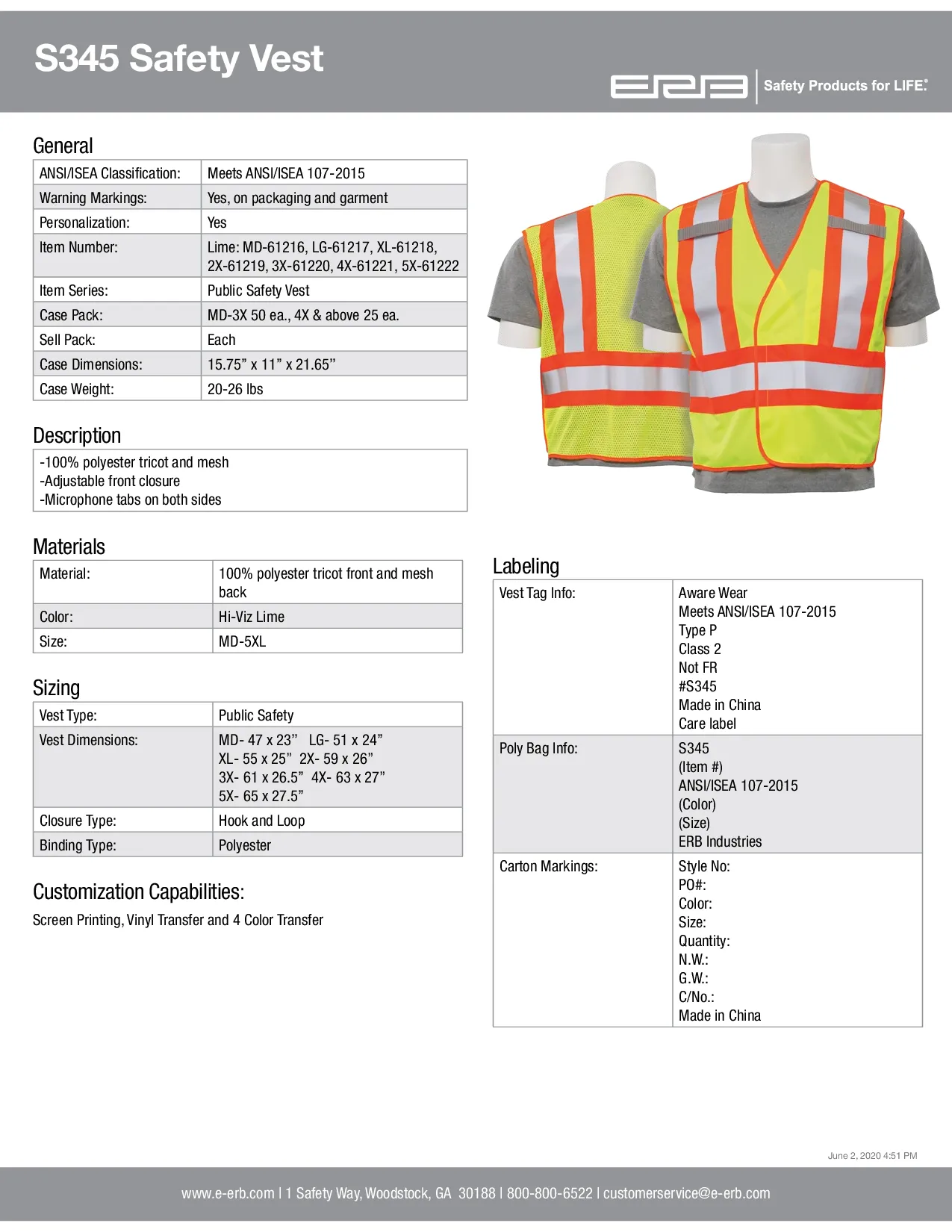 S345 Class 2 Public Safety 5-Point Break-Away Safety Vest 1PC