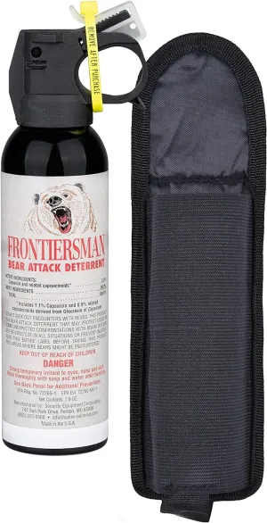SABRE Frontiersman 7.9 fl oz. Bear Spray, Maximum Strength 2.0% Major Capsaicinoids, Powerful 30 ft. Range Bear Deterrent, Outdoor Camping & Hiking Protection, Quick Draw Holster & Multipack Options