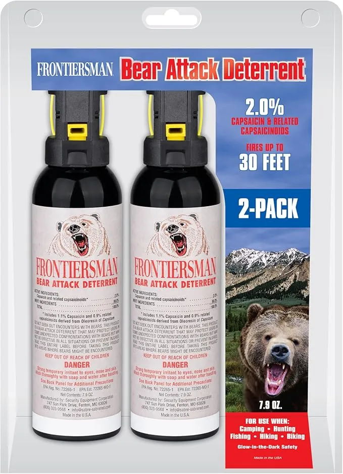 SABRE Frontiersman 7.9 fl oz. Bear Spray, Maximum Strength 2.0% Major Capsaicinoids, Powerful 30 ft. Range Bear Deterrent, Outdoor Camping & Hiking Protection, Quick Draw Holster & Multipack Options