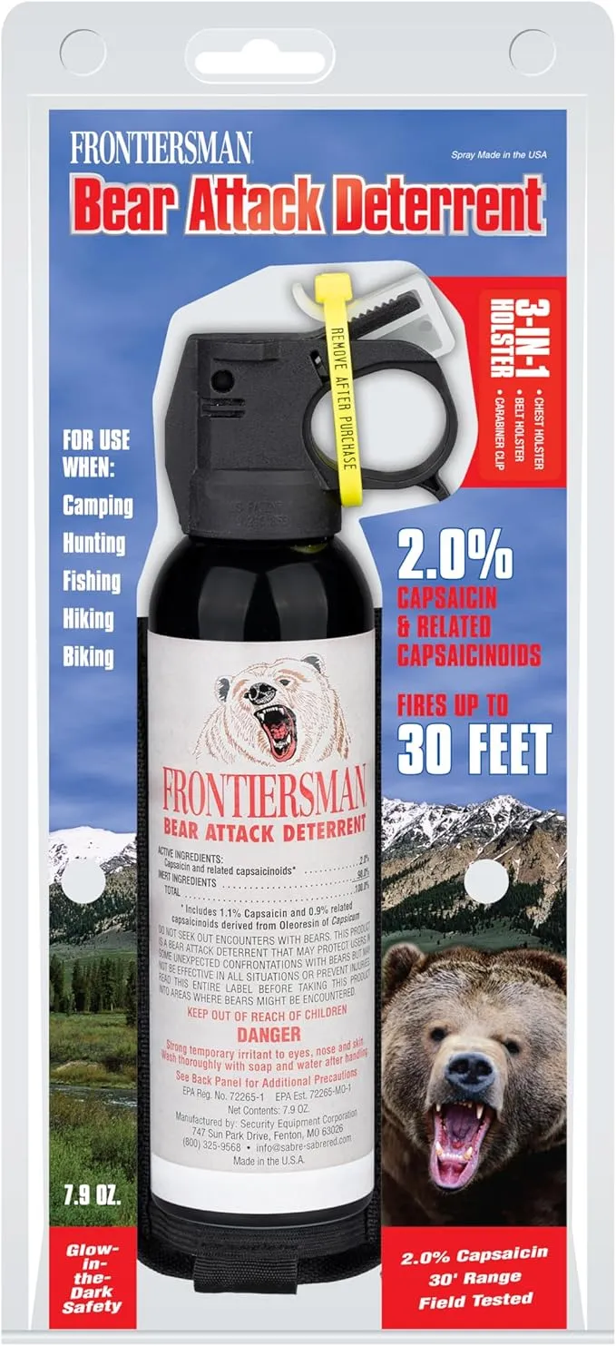 SABRE Frontiersman 7.9 fl oz. Bear Spray, Maximum Strength 2.0% Major Capsaicinoids, Powerful 30 ft. Range Bear Deterrent, Outdoor Camping & Hiking Protection, Quick Draw Holster & Multipack Options