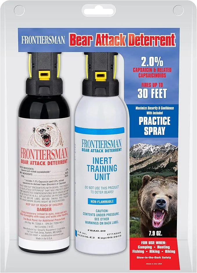 SABRE Frontiersman 7.9 fl oz. Bear Spray, Maximum Strength 2.0% Major Capsaicinoids, Powerful 30 ft. Range Bear Deterrent, Outdoor Camping & Hiking Protection, Quick Draw Holster & Multipack Options