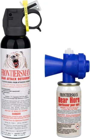 SABRE Frontiersman 9.2 fl oz. Bear Spray, Maximum Strength 2.0% Major Capsaicinoids, Powerful 35 ft. Range Bear Deterrent and Bear Horn with Locking Top