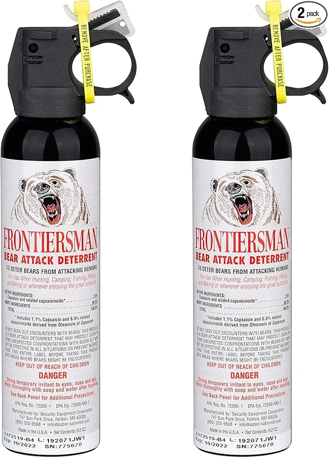SABRE Frontiersman 9.2 fl oz. Bear Spray, Maximum Strength 2.0% Major Capsaicinoids, Powerful 35 ft. Range Bear Deterrent, Outdoor Camping & Hiking Protection, Quick Draw Holster & Multipack Options