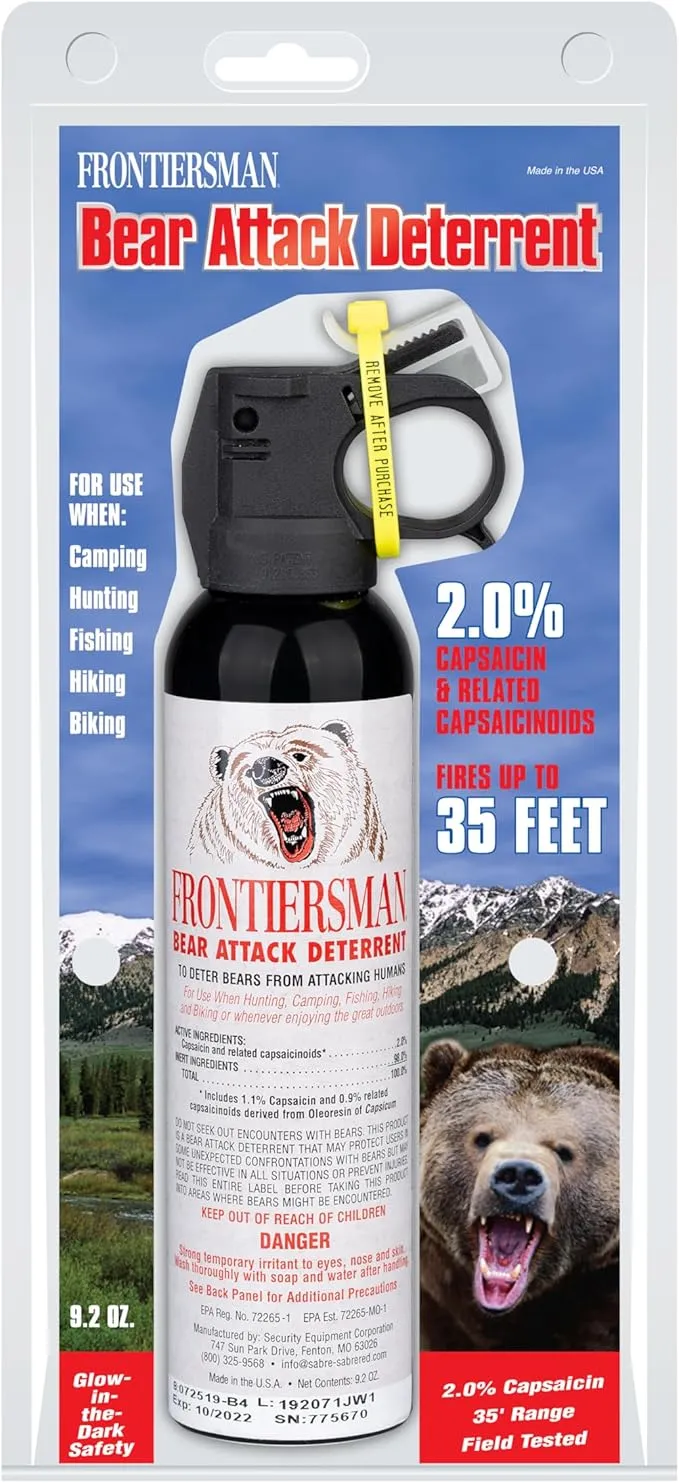 SABRE Frontiersman 9.2 fl oz. Bear Spray, Maximum Strength 2.0% Major Capsaicinoids, Powerful 35 ft. Range Bear Deterrent, Outdoor Camping & Hiking Protection, Quick Draw Holster & Multipack Options