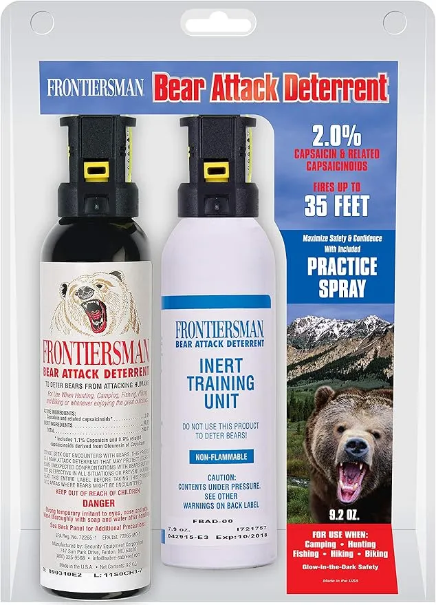 SABRE Frontiersman 9.2 fl oz. Bear Spray, Maximum Strength 2.0% Major Capsaicinoids, Powerful 35 ft. Range Bear Deterrent, Outdoor Camping & Hiking Protection, Quick Draw Holster & Multipack Options