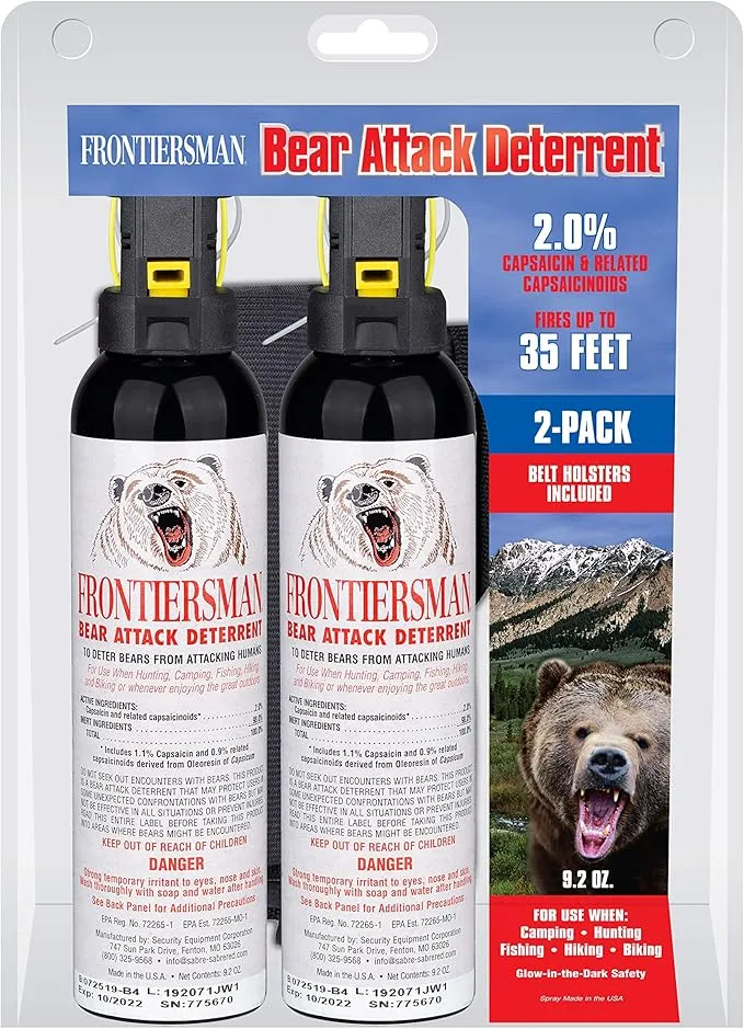 SABRE Frontiersman 9.2 fl oz. Bear Spray, Maximum Strength 2.0% Major Capsaicinoids, Powerful 35 ft. Range Bear Deterrent, Outdoor Camping & Hiking Protection, Quick Draw Holster & Multipack Options