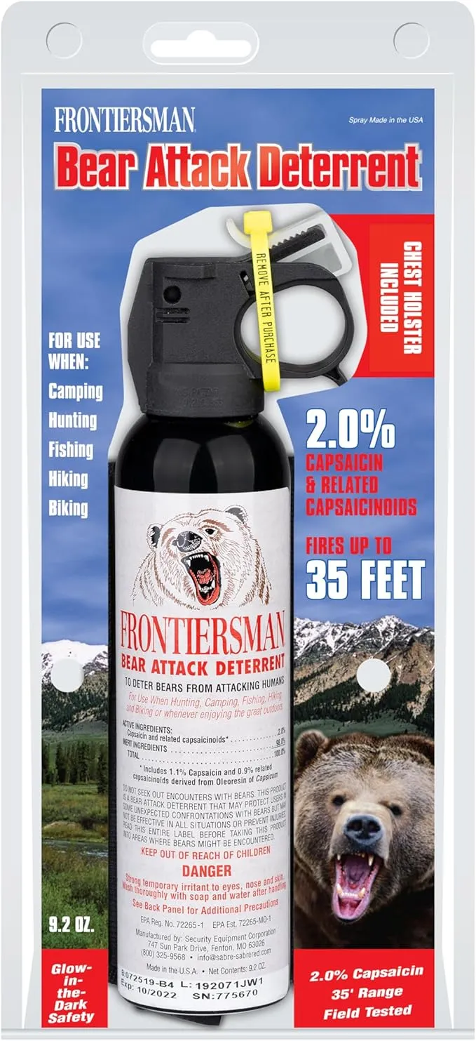 SABRE Frontiersman 9.2 fl oz. Bear Spray, Maximum Strength 2.0% Major Capsaicinoids, Powerful 35 ft. Range Bear Deterrent, Outdoor Camping & Hiking Protection, Quick Draw Holster & Multipack Options