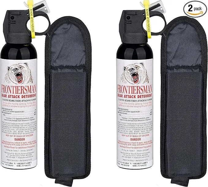 SABRE Frontiersman 9.2 fl oz. Bear Spray, Maximum Strength 2.0% Major Capsaicinoids, Powerful 35 ft. Range Bear Deterrent, Outdoor Camping & Hiking Protection, Quick Draw Holster & Multipack Options