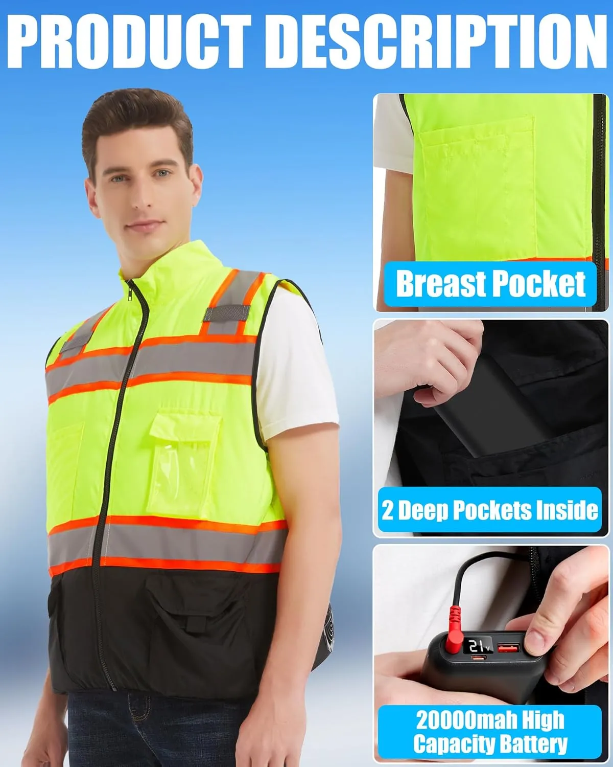 Safety Cooling Vest Jacket with 2 Fans - Men and Women 21V Air Conditioner Reflective Vests, With 20000mAh Battery