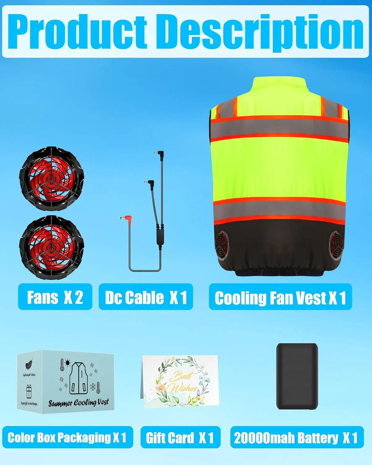 Safety Cooling Vest Jacket with 2 Fans - Men and Women 21V Air Conditioner Reflective Vests, With 20000mAh Battery