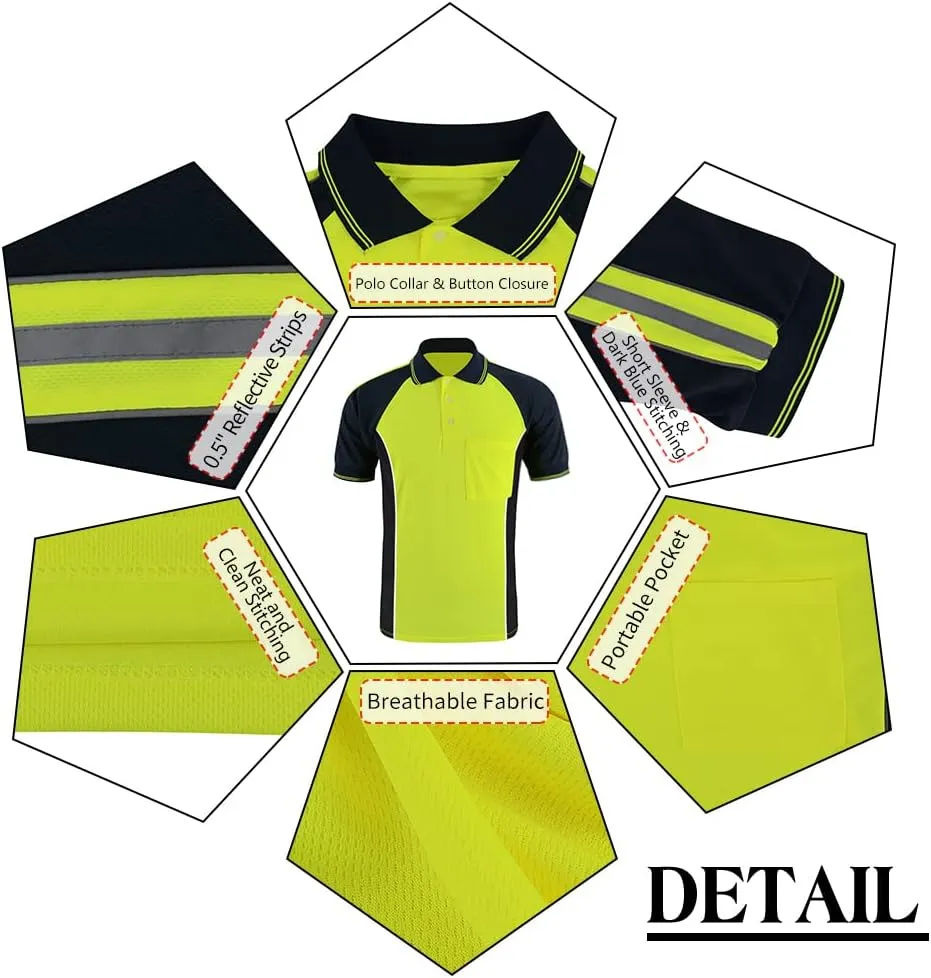 Safety Shirt High Visibility Short Long Sleeve Reflective Polo Shirts, Work T Shirts for Men Construction