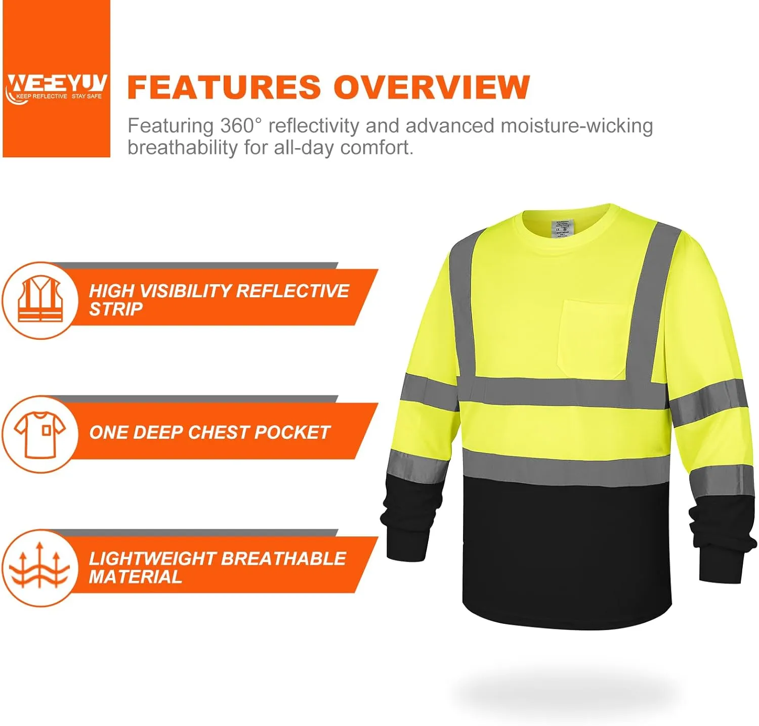 Safety Shirt Long Sleeve High Visibility Reflective Breathable T Shirt for Work Warehouse Construction Class 3