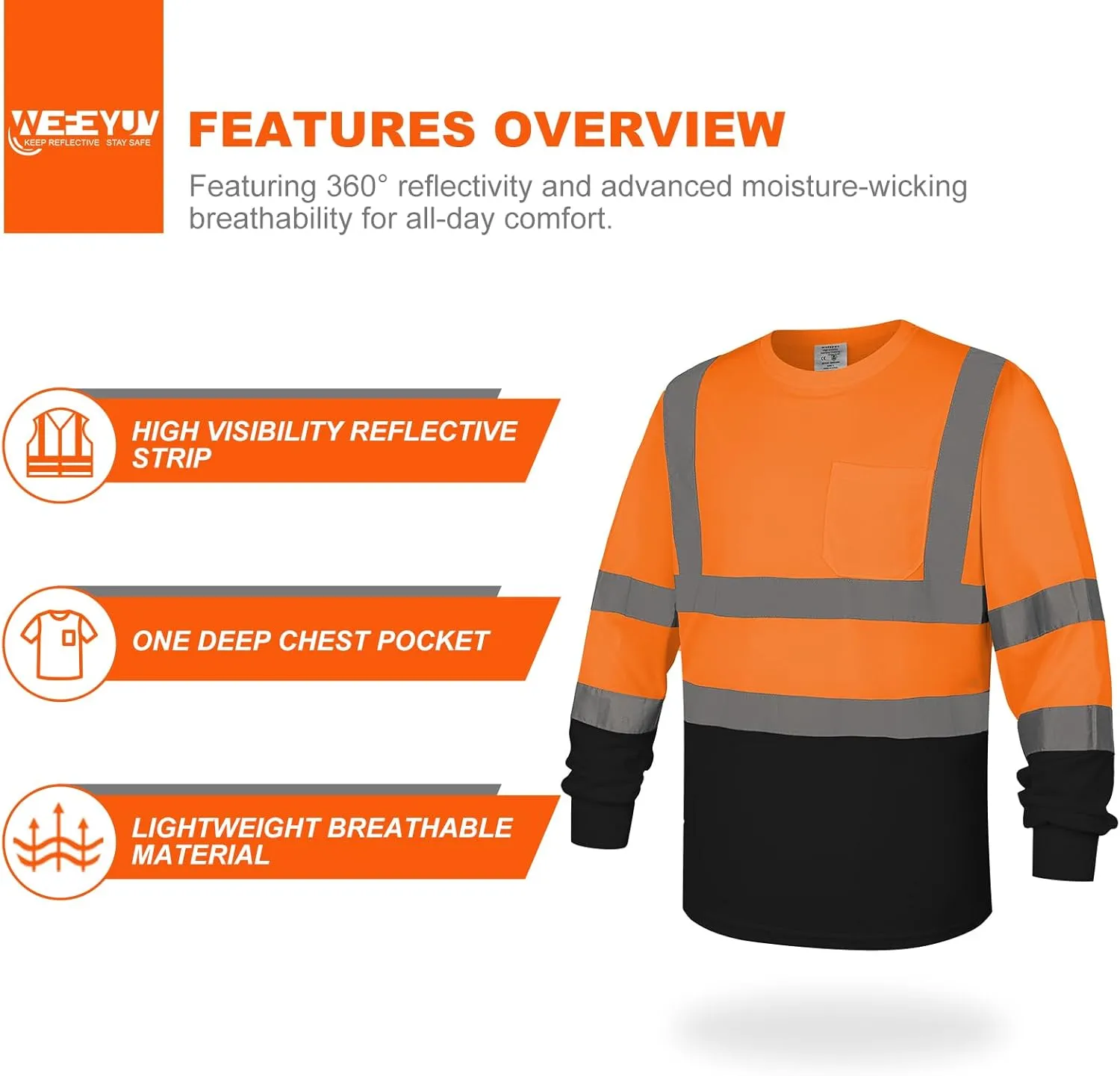 Safety Shirt Long Sleeve High Visibility Reflective Breathable T Shirt for Work Warehouse Construction Class 3
