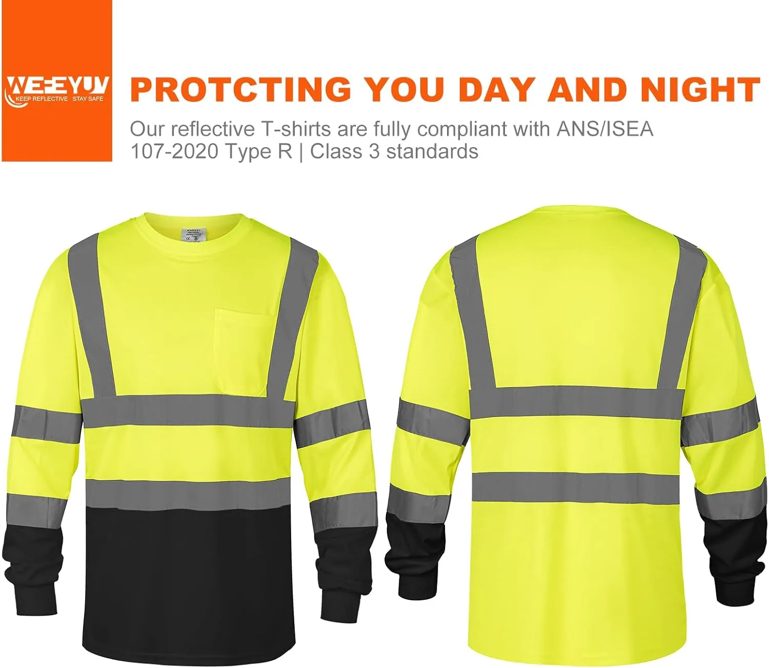 Safety Shirt Long Sleeve High Visibility Reflective Breathable T Shirt for Work Warehouse Construction Class 3