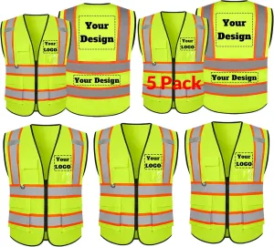 Safety Vest Customize Logo with 5 Pockets & Zipper Reflective High Visibility Vest Class 2 Outdoor Workwear