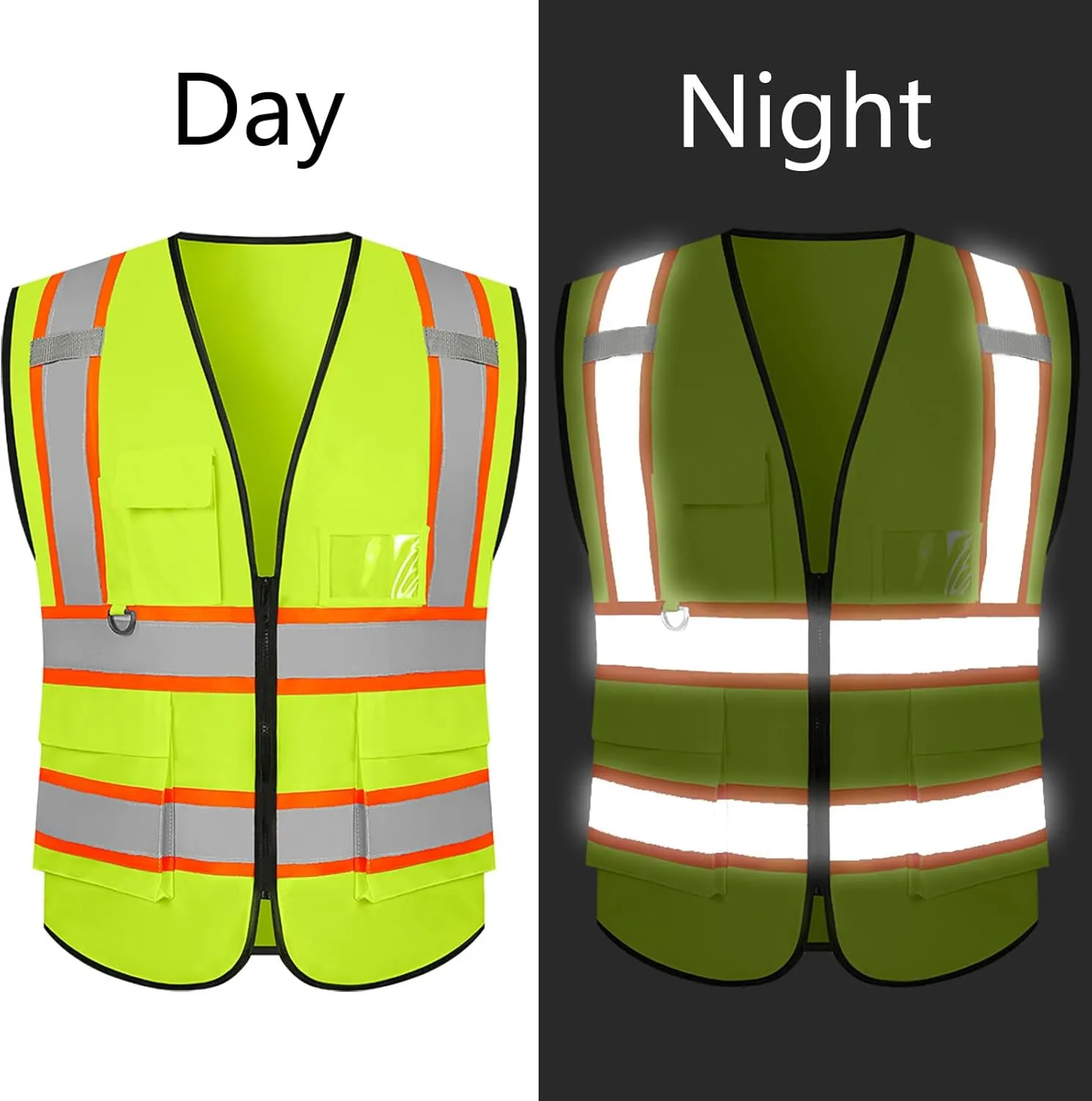Safety Vest Customize Logo with 5 Pockets & Zipper Reflective High Visibility Vest Class 2 Outdoor Workwear