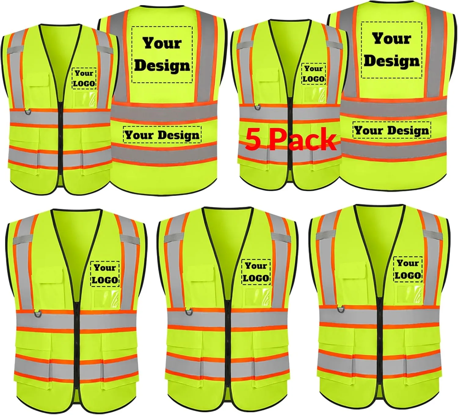 Safety Vest Customize Logo with 5 Pockets & Zipper Reflective High Visibility Vest Class 2 Outdoor Workwear