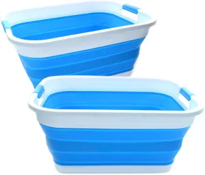 SAMMART Set of 2-41L(10.8 gallon) Collapsible Plastic Laundry Basket-Pop Up Storage Container-Portable Washing Tub-Space Saving Hamper/Basket, Water capacity:32L(8.4 gallon) (2 rectangular, Sky Blue)
