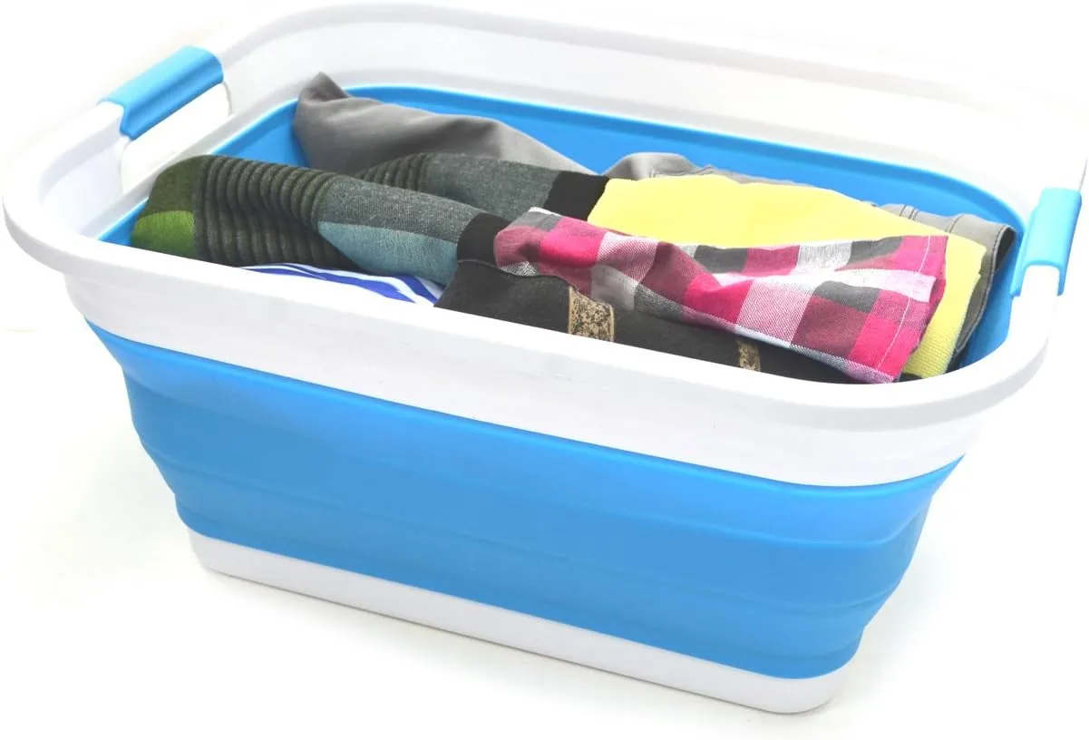 SAMMART Set of 2-41L(10.8 gallon) Collapsible Plastic Laundry Basket-Pop Up Storage Container-Portable Washing Tub-Space Saving Hamper/Basket, Water capacity:32L(8.4 gallon) (2 rectangular, Sky Blue)