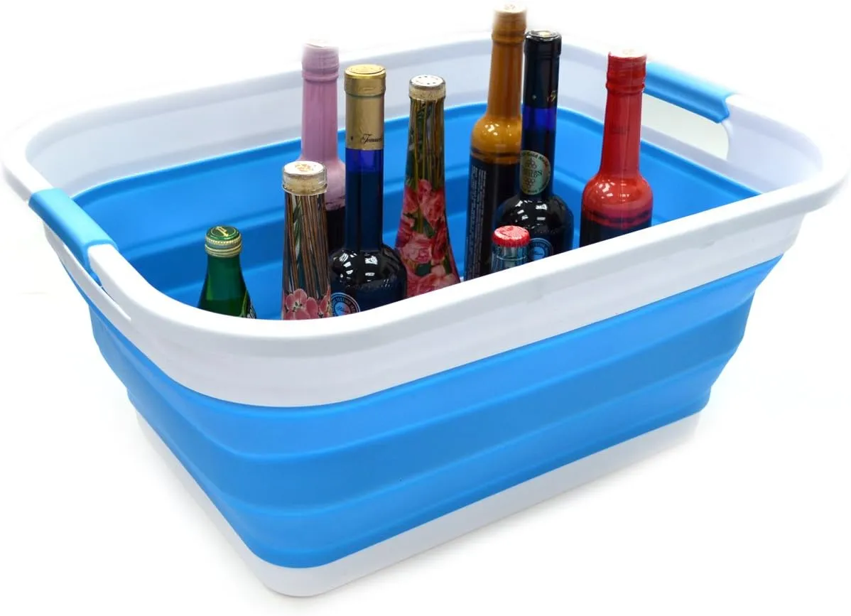 SAMMART Set of 2-41L(10.8 gallon) Collapsible Plastic Laundry Basket-Pop Up Storage Container-Portable Washing Tub-Space Saving Hamper/Basket, Water capacity:32L(8.4 gallon) (2 rectangular, Sky Blue)