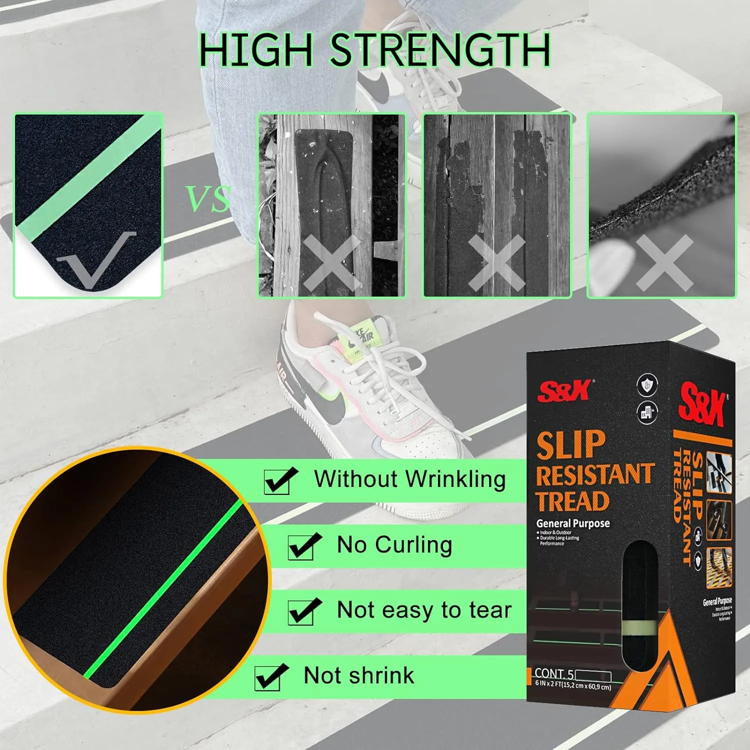 S&X Outdoor Stair Treads Non-Slip 5-Pack, 6" x 24" with Glow-in-The-Dark Stripe Heavy Duty Anti Slip Tape for All Slippery Surfaces - Weather Resistant Grip Tape for Stairs, Steps