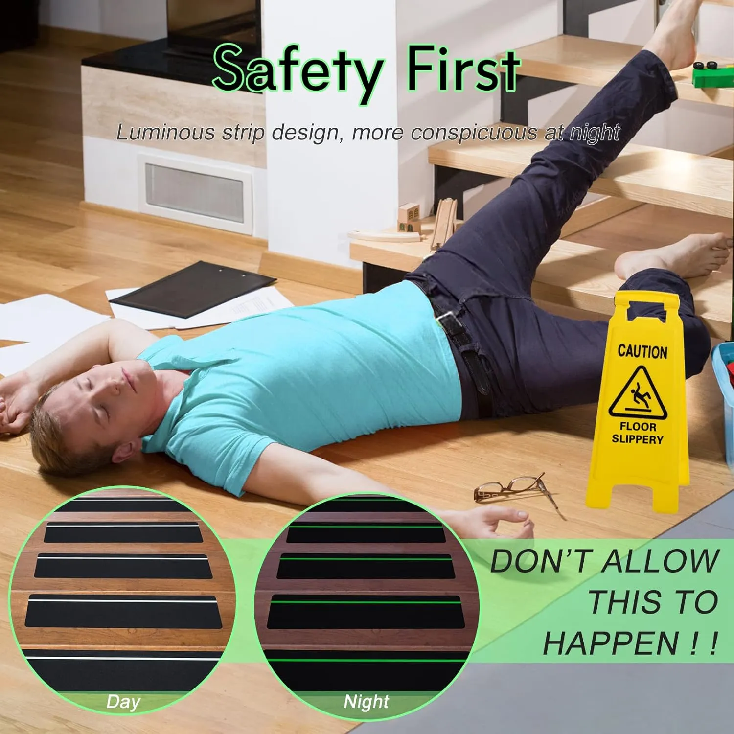 S&X Outdoor Stair Treads Non-Slip 5-Pack, 6" x 24" with Glow-in-The-Dark Stripe Heavy Duty Anti Slip Tape for All Slippery Surfaces - Weather Resistant Grip Tape for Stairs, Steps