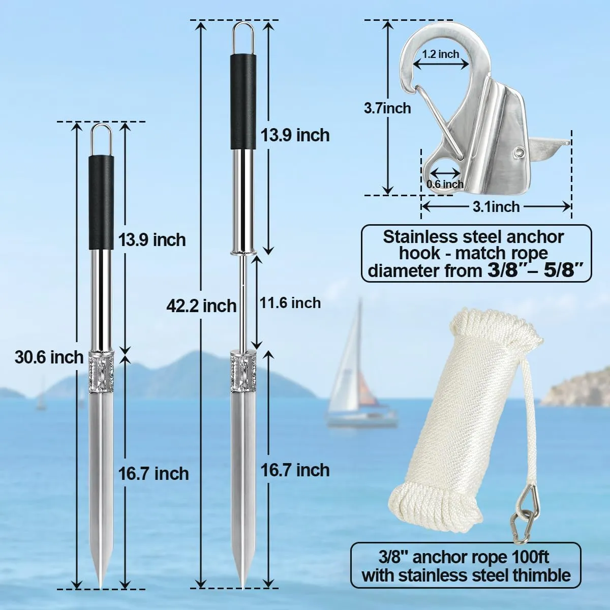 Sand Spike Boat Anchor Slide Pole Anchor Beach Shore Spike for Boats, Jet Ski, Pontoon, Kayak, Canoe, Stainless Steel Sand Anchor Pole Stick