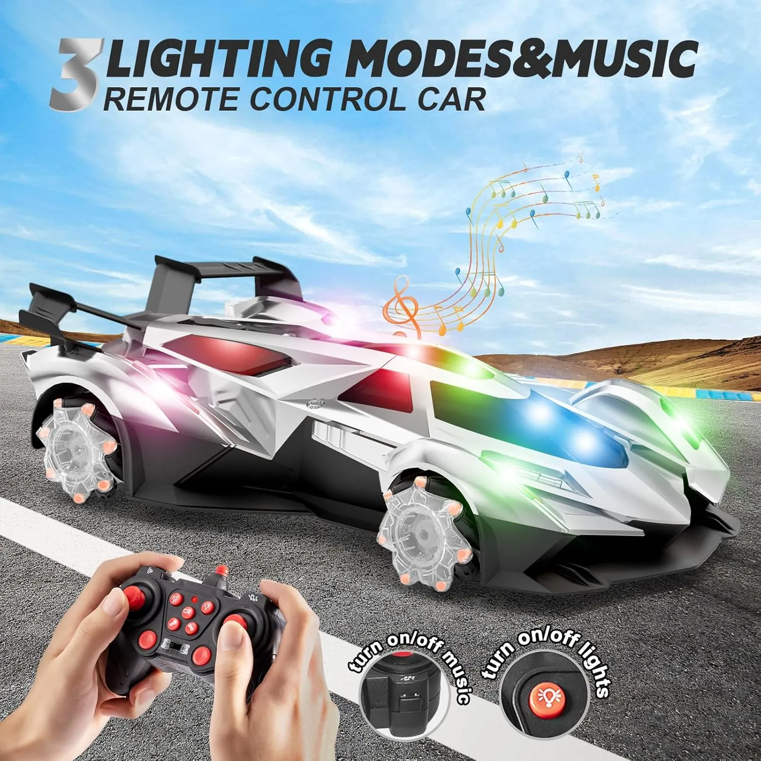 SASBSC Remote Control Car Toy for Boys Age 8-12, 1:12 Scale Gold Lambo Toy with 360°Rotating Drifts Cars Colorful Lights、Spray& Musics, Speed 10-12km/h RC Race Toy Cars for Boys Girls Birthday
