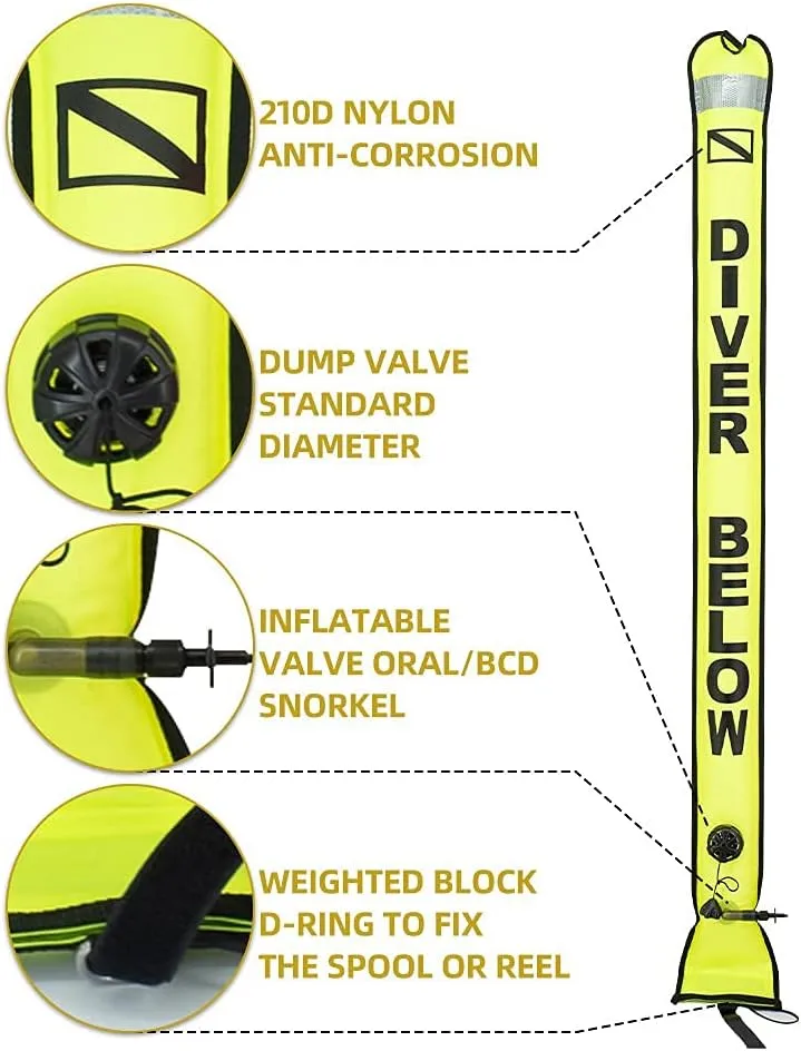 Scuba Diving Inflatable Safety Surface Marker Buoy, Heavy Lead at The Bottom, Reflective Strips on The top