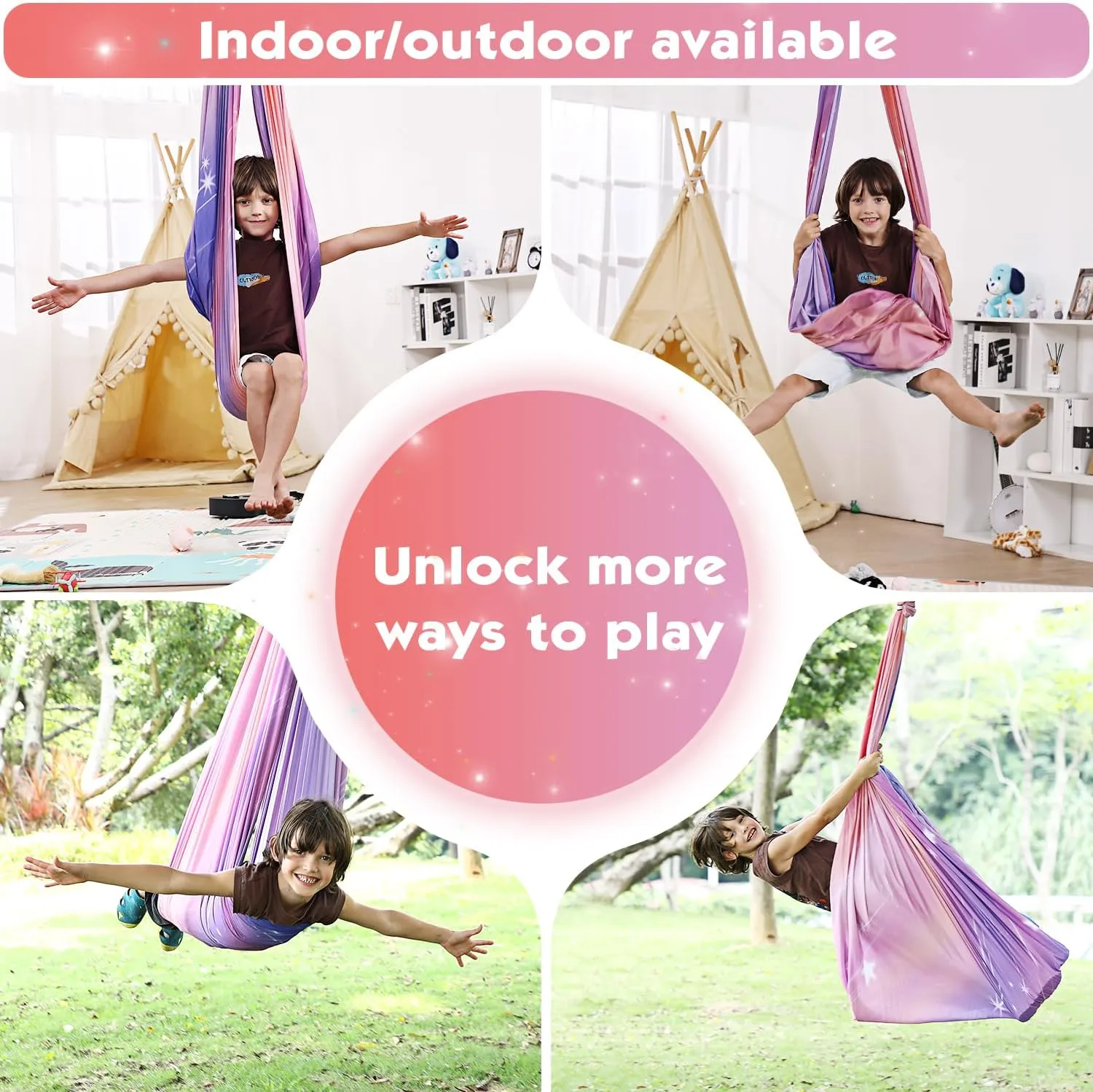 Sensory Swing Indoor for Kids Boy Girl, Cartoon Fabric Joy Swing for Bedroom Outdoor, Double Layer Therapy Cuddle Swing for Autism Child Adult, 360° Swivel Ceiling Swing (Pink-Purple)