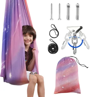 Sensory Swing Indoor for Kids Boy Girl, Cartoon Fabric Joy Swing for Bedroom Outdoor, Double Layer Therapy Cuddle Swing for Autism Child Adult, 360° Swivel Ceiling Swing (Pink-Purple)