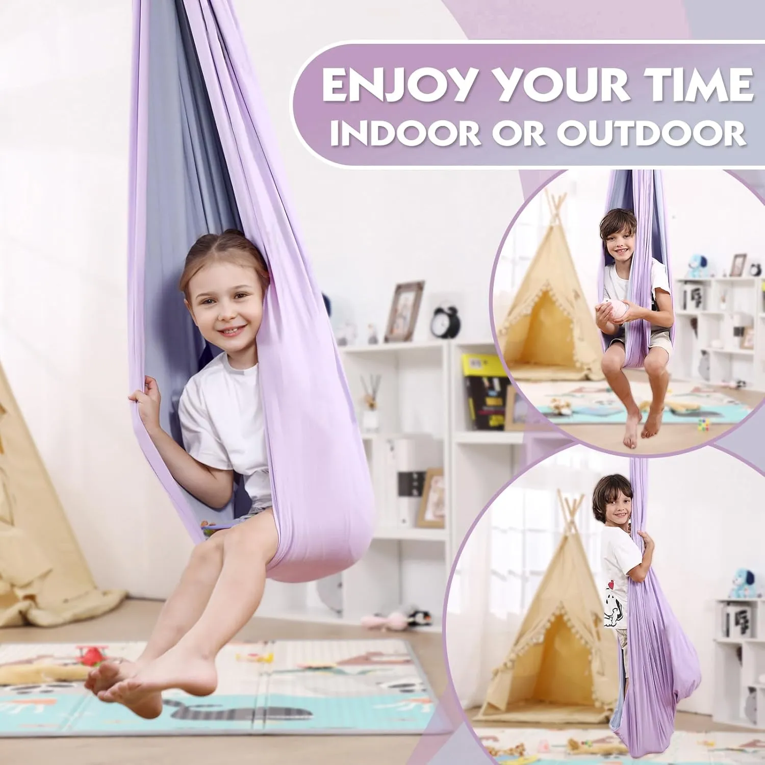 Sensory Swing Indoor for Kids Boys Girls, DIY Graffiti Joy Swing for Bedroom Outdoor, Double Layer Therapy Cuddle Swing for Autism Child Adult, 360° Swivel Ceiling Swing, Holds up to 300lbs