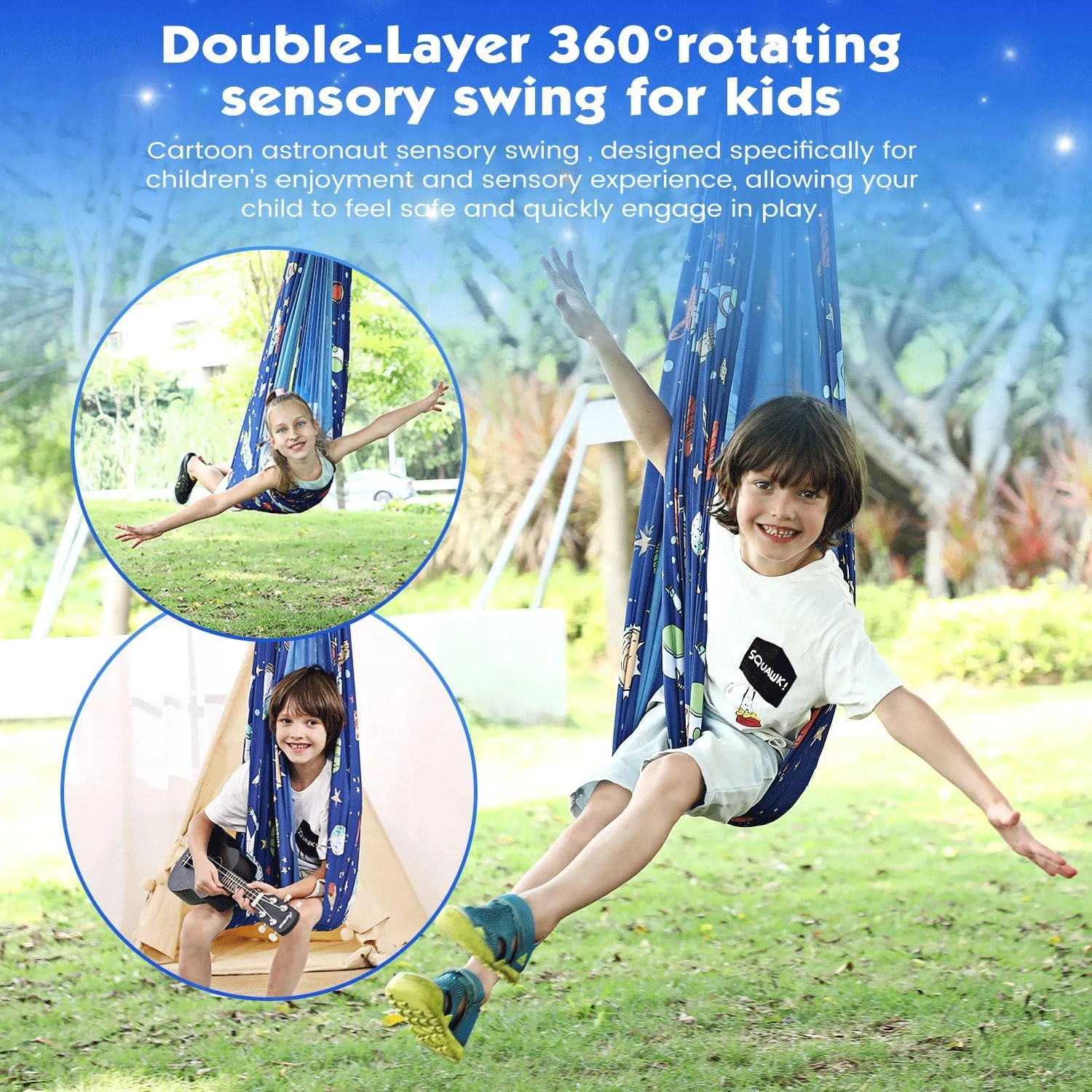 Sensory Swing Indoor for Kids Boys Girls, Space Astronaut Joy Swing for Bedroom Outdoor, Double Layer Therapy Cuddle Swing for Autism Child Adult, 360° Swivel Ceiling Swing, Holds up to 300lbs