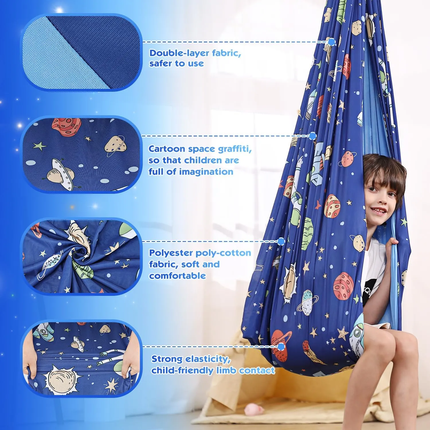 Sensory Swing Indoor for Kids Boys Girls, Space Astronaut Joy Swing for Bedroom Outdoor, Double Layer Therapy Cuddle Swing for Autism Child Adult, 360° Swivel Ceiling Swing, Holds up to 300lbs