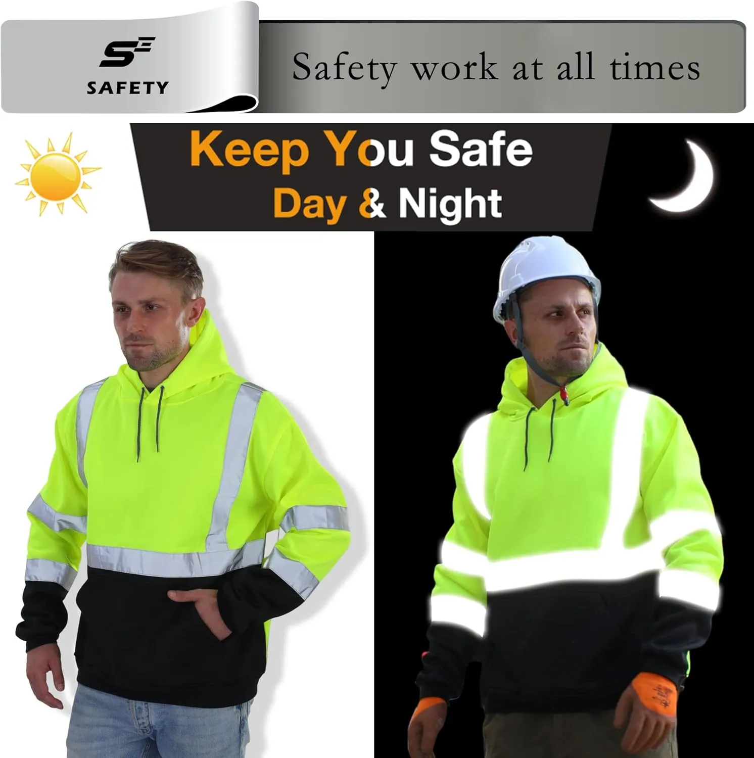 sesafety Class 3 High Visibility Sweatshirt for Men,Hooded Pullover,Hi-Vis Safety Hoodie Pullover Sweatshirt,Reflective Safety with Black Bottom