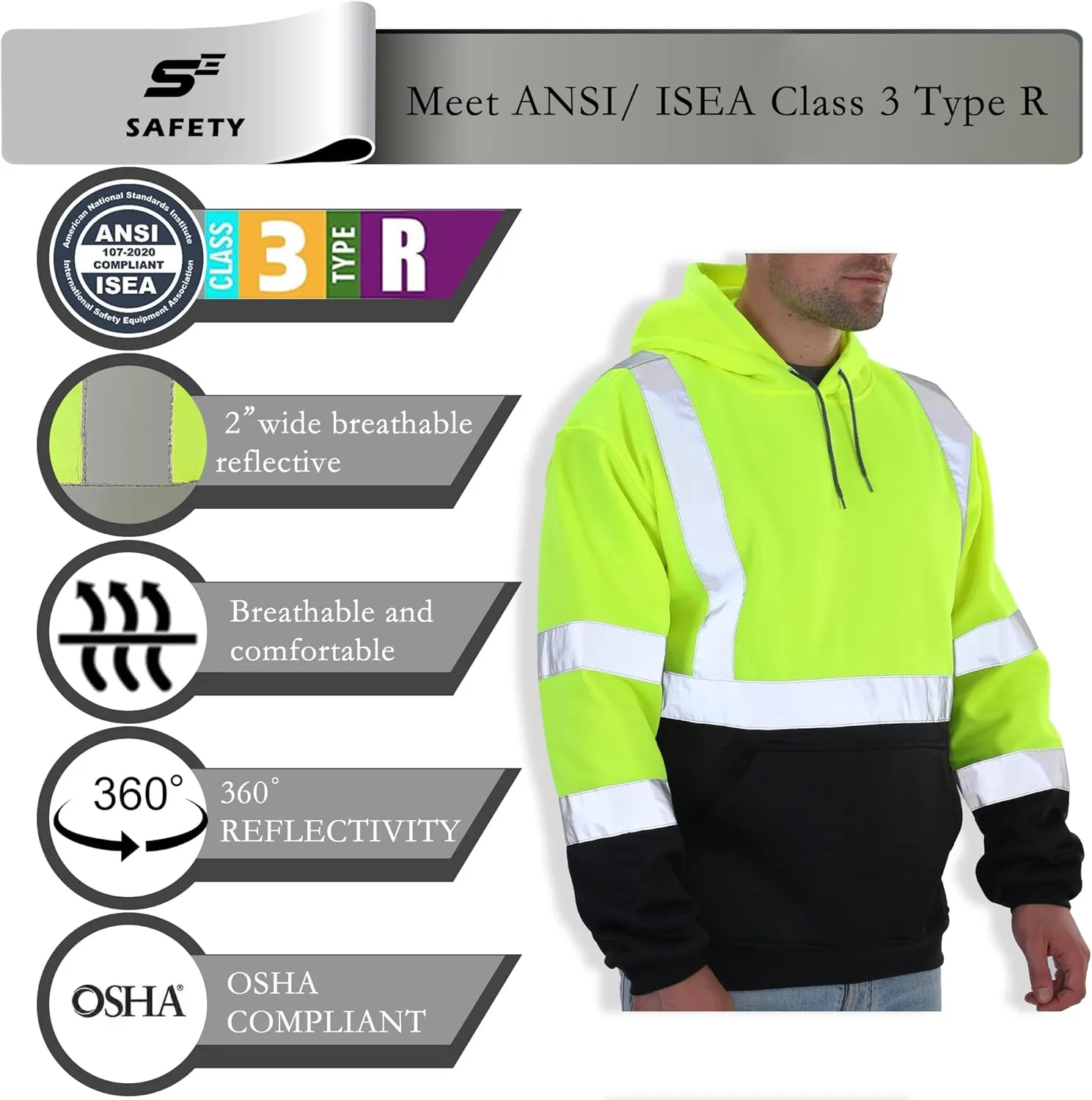 sesafety Class 3 High Visibility Sweatshirt for Men,Hooded Pullover,Hi-Vis Safety Hoodie Pullover Sweatshirt,Reflective Safety with Black Bottom