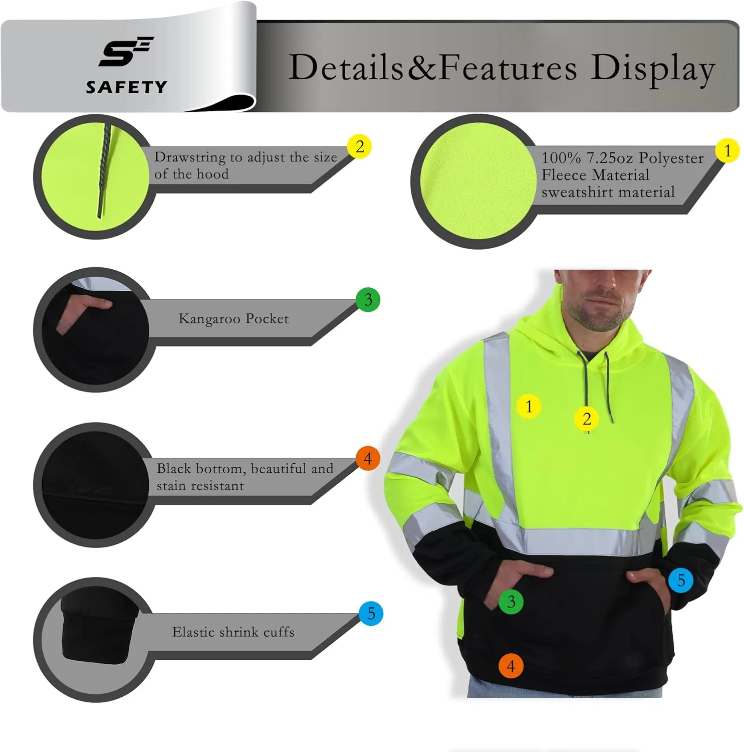 sesafety Class 3 High Visibility Sweatshirt for Men,Hooded Pullover,Hi-Vis Safety Hoodie Pullover Sweatshirt,Reflective Safety with Black Bottom