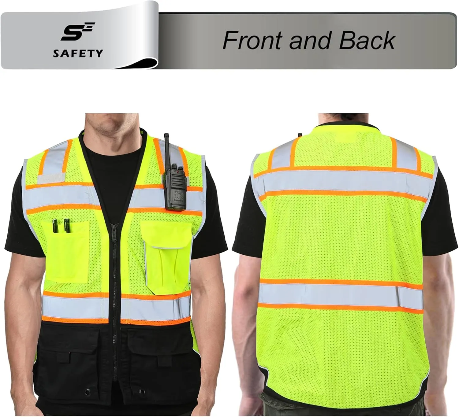 sesafety Safety Vest with 9 Pockets, High Visibility Reflective Vest, Security Vest, Work Vest for Men, ANSI/ISEA Class 2 Type R