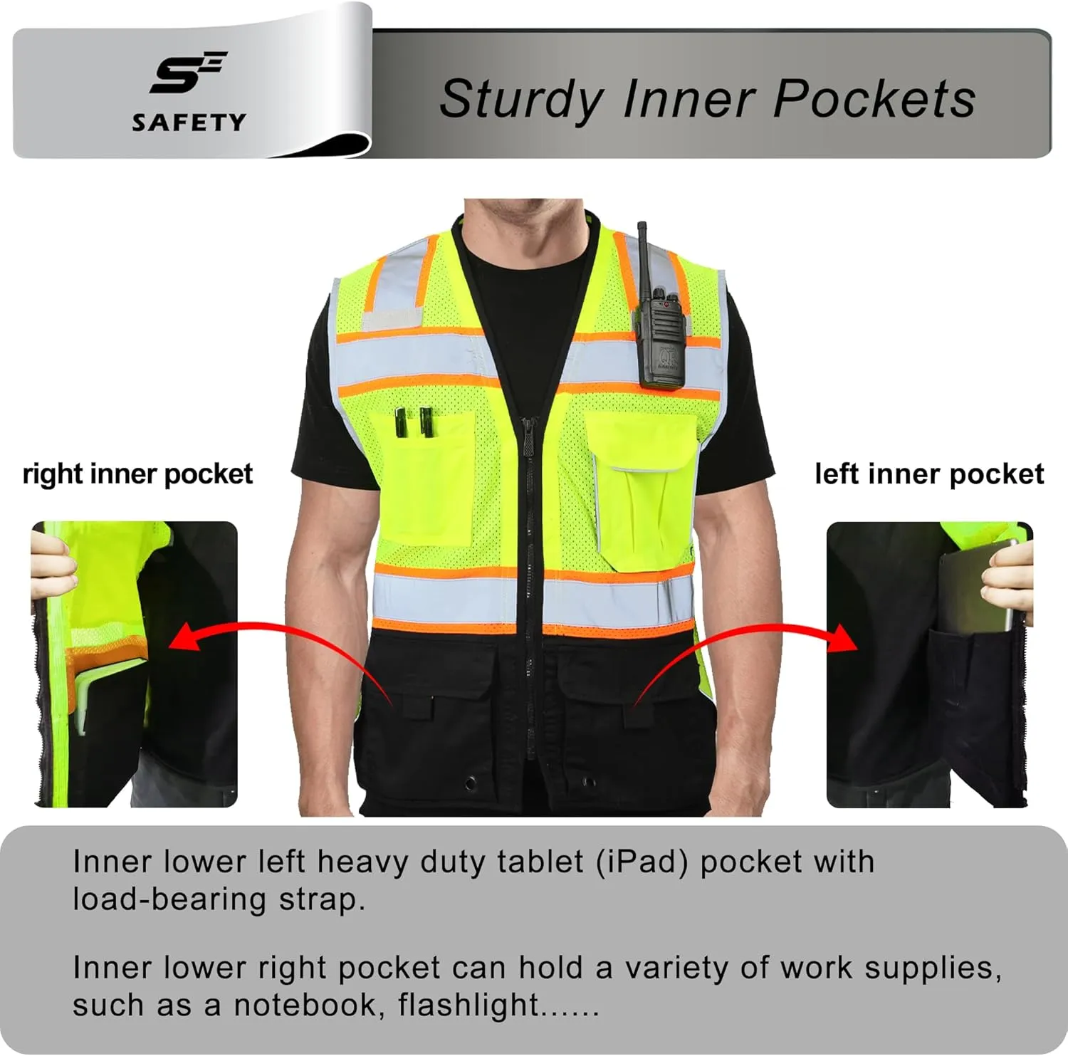 sesafety Safety Vest with 9 Pockets, High Visibility Reflective Vest, Security Vest, Work Vest for Men, ANSI/ISEA Class 2 Type R