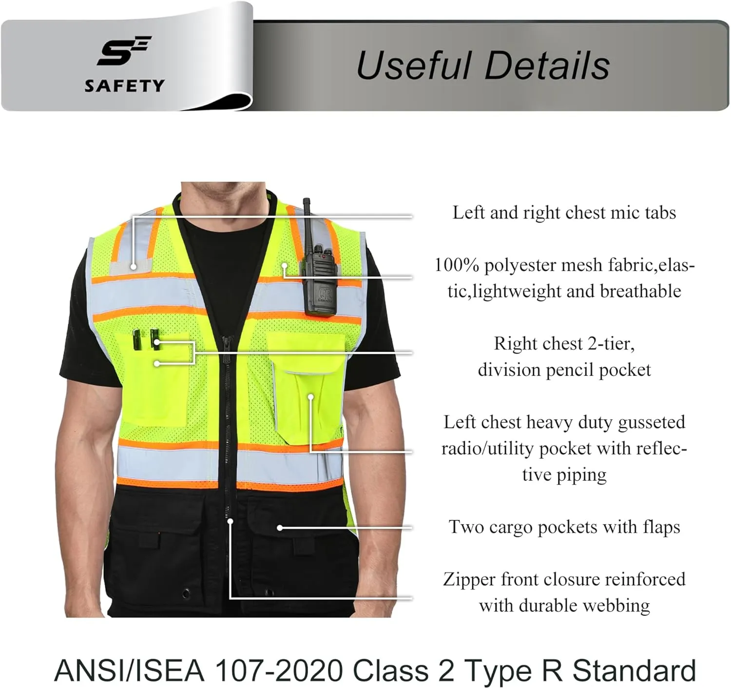 sesafety Safety Vest with 9 Pockets, High Visibility Reflective Vest, Security Vest, Work Vest for Men, ANSI/ISEA Class 2 Type R