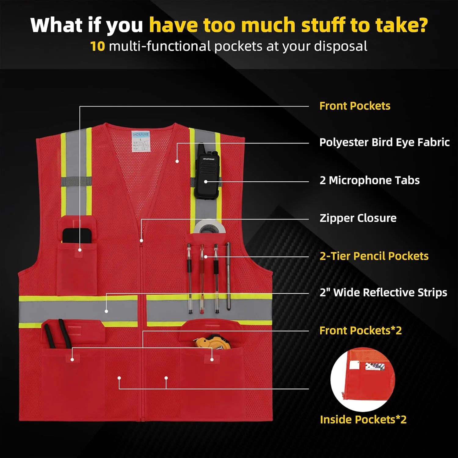 SHORFUNE High Visibility Mesh Safety Vest with Pockets, Mic Tabs, Zipper and Reflective Strips,ANSI/ISEA Standards