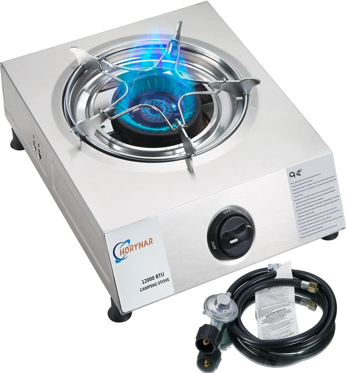 Single Burner Propane Stove - 12000 BTU Portable Gas Stove with Propane Adapter Hose (Silver)