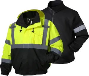 SKSAFETY 3-in-1 High Visibility Winter Bomber Jackets Zip Out Fleece Liner Reflective Safety Coats for men Waterproof ANSI/ISEA Class 3(Lime 3XL)