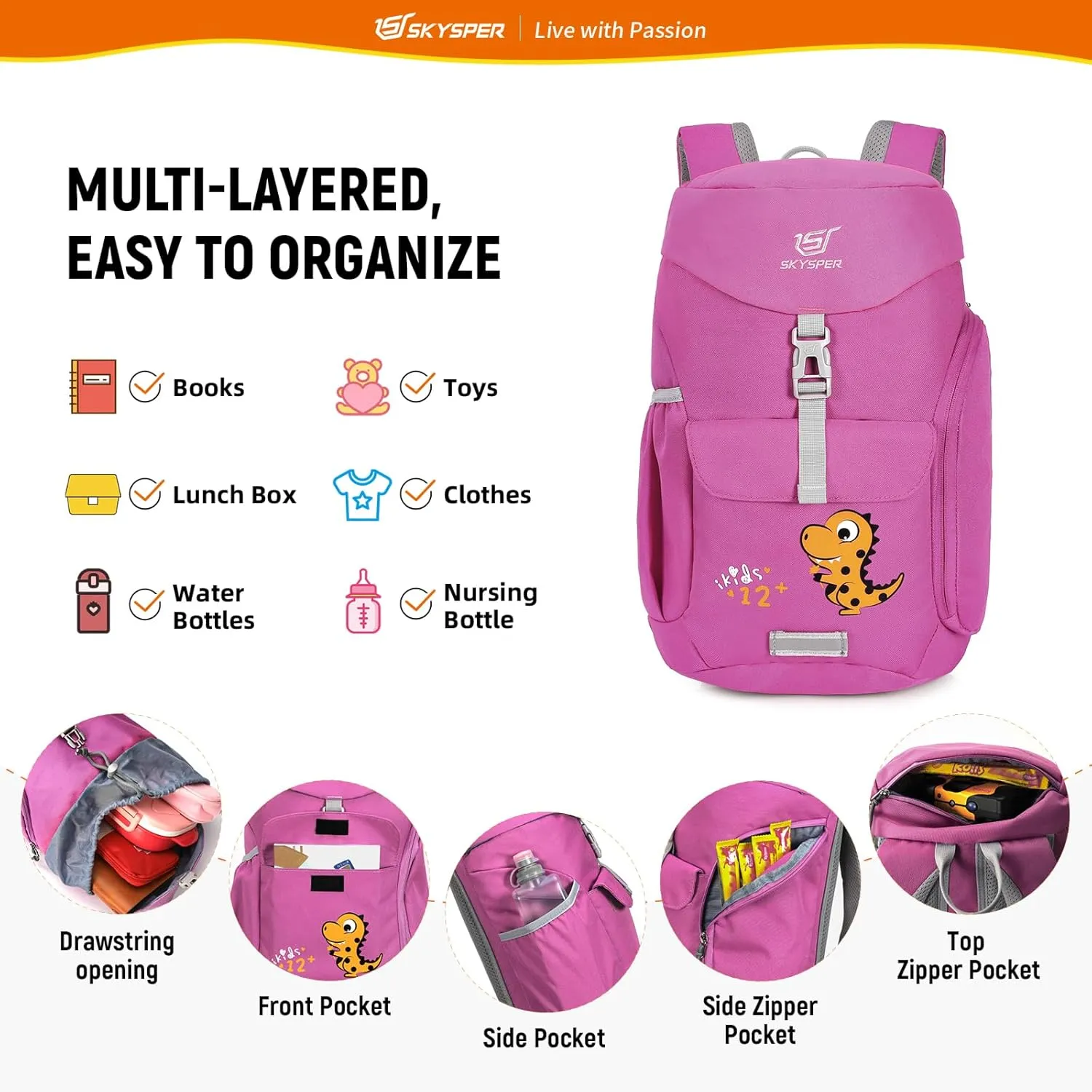 SKYSPER Kids Backpack 12L Small Kids Travel Backpack Children Kindergarten Daypack for Girls Boys Kid School Back Pack for Daytrip Outdoor Camping (Purple)
