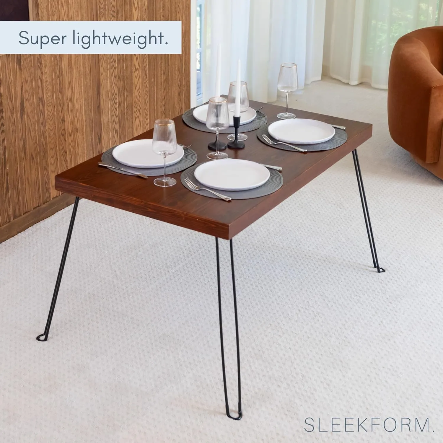 Sleekform Wooden Folding Dining Table for 4 - with Collapsible Hairpin Legs - 4 ft Portable Small Foldable Dining Room Table for Farmhouse Kitchen and Small Spaces - Walnut