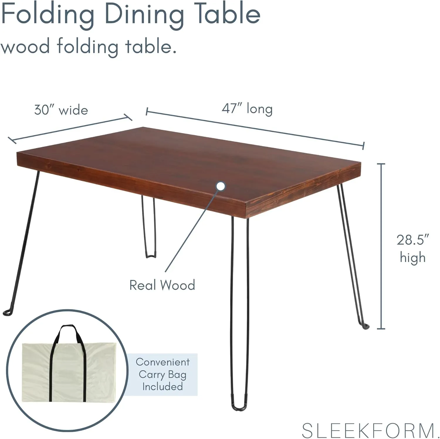 Sleekform Wooden Folding Dining Table for 4 - with Collapsible Hairpin Legs - 4 ft Portable Small Foldable Dining Room Table for Farmhouse Kitchen and Small Spaces - Walnut