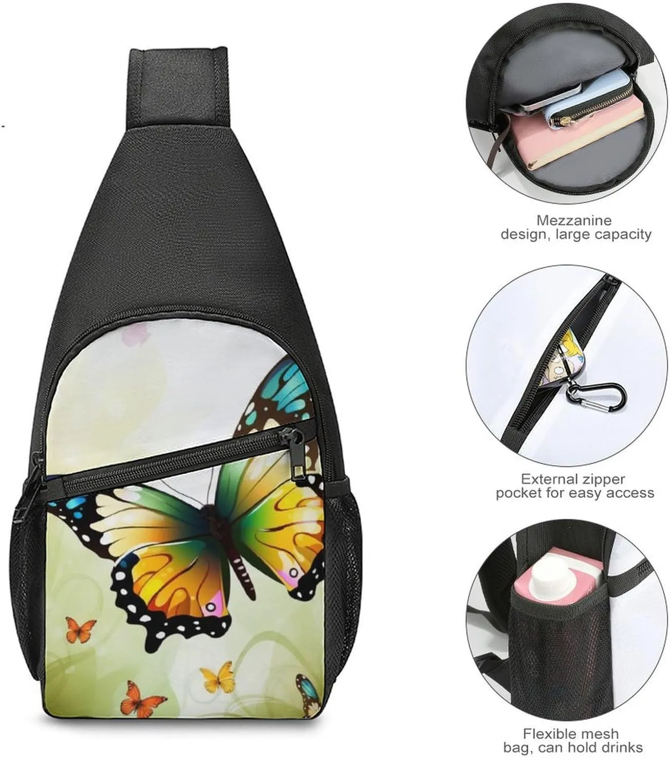 Sling Backpack for Women Men Crossbody Chest Bag Travel Beautiful Butterfly Daypack Shoulder Bag for Hiking