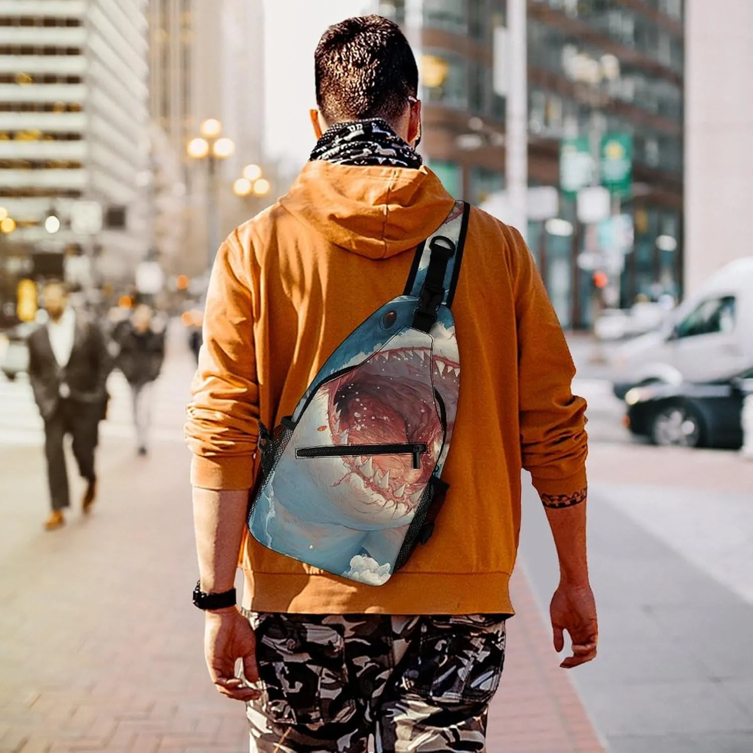 Sling Bag Chest Crossbody Backpack Shark Open Mouth Travel Hiking Daypack for Women Men with Strap Purse Lightweight Chest Bags